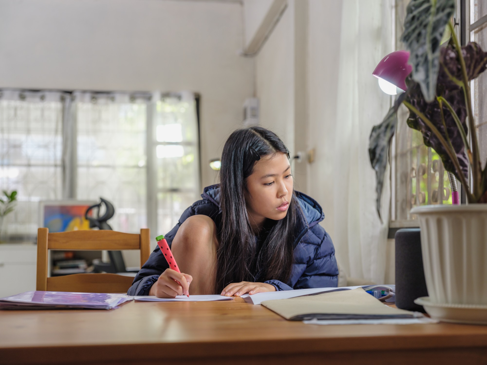 A young woman with long dark hair sits at a table, writing in a notebook with a pink highlighter. She is wearing a dark jacket and is surrounded by books, a potted plant, and a lamp in a well-lit room.